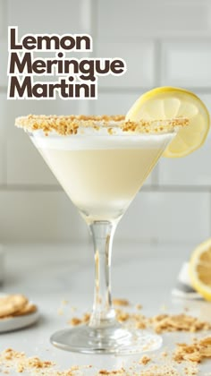 the lemon meringue martini is garnished with crumbs