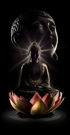 a buddha statue sitting on top of a lotus flower in front of a black background