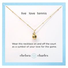 Product Description Wear this dainty necklace on and off the court as a reminder of your love for the game of tennis. 14k gold-filled 18" chain featuring a 14k gold plated 8mm tennis ball charm. Tennis Things, Tennis Birthday, Tennis Jewelry, Tennis Wear, Tennis Gifts, Daily Gift, Charm Necklace Silver, Sport Tennis, Gold Charm Necklace