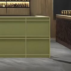 an empty bar with bottles on the wall