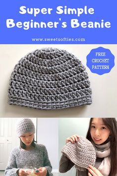 a woman wearing a crochet hat and scarf with text overlay that says, super simple beginner's beanie