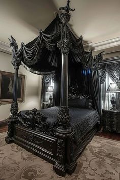 an ornate black canopy bed in a bedroom