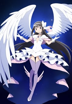 an anime character with wings flying through the air in front of a night sky background