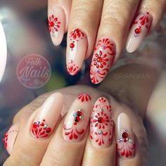 Latin Nail Art, Red Nails Mexican, Mexican Inspired Nail Art, Red Mexican Nails, Folk Art Nails, Spanish Tile Nails