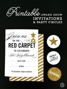 a black and white photo with gold foil stars on it, and the words red carpet to celebrate