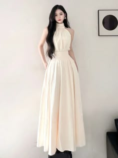 Long Dress Korean Style Formal, Korean Evening Gown, Korean Long Gown Dress, Korean Dress Party Night, Gown For Debut, Long Dress Korea, White Long Dress Korean Style, Girly Style Outfits, Elegant Wedding Guest Dress