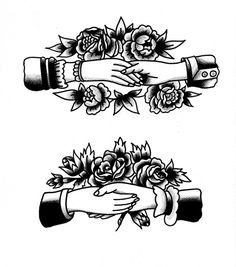 two hands holding flowers and roses tattoo design