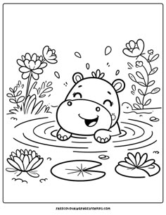 a cartoon hippo is swimming in the pond with lily pads and water lilies