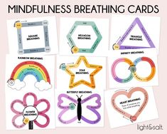 the mindfulness breathing cards are shown with rainbows, stars and hearts on them