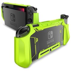 the nintendo switch console case is neon green and has two controllers on top of it