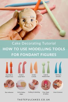 the instructions for how to use modeling tools for fondant figures in cake decorating