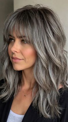 Vibrant medium length gray hairstyles with bangs f Hairstyles With Bangs Medium, Gray Hairstyles With Bangs, Bold Hairstyles, Bangs Medium Length, Medium Length Hairdos, Gray Blending, Thick Bangs, Gray Hairstyles, Silver White Hair