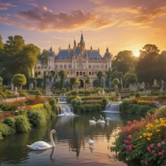 a swan is swimming in the water near some flowers and trees with a castle in the background