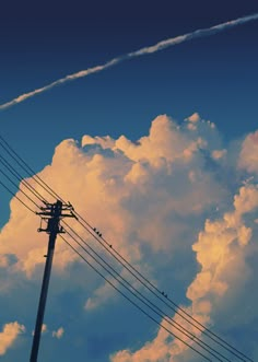 an airplane is flying high in the sky above power lines and telephone poles with clouds behind it