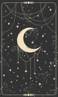 the moon in the night sky with stars and chains hanging from it, on a black background