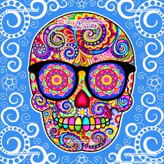 a colorful skull with sunglasses on it's face