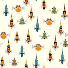 an image of fish and gnomes on a white background with orange, blue, yellow and green colors