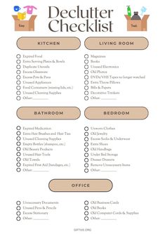 the printable checklist is shown for each room in the house, and includes items to choose from