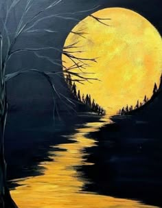 a painting of a full moon over a river