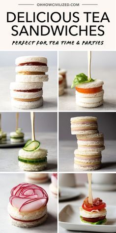 four different pictures of sandwiches with pickles on them and the words delicious tea sandwiches