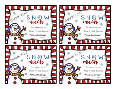 four snow themed cards with the words, thank you for being such much and not so much