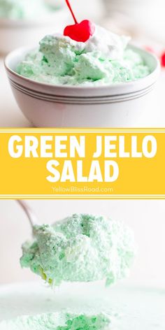 green jello salad in a white bowl with a cherry on top and the text overlay reads, green jello salad