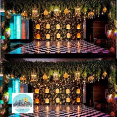 two photographs of lights and decorations on a wall in front of a checkered floor