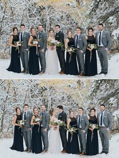 two pictures of people standing in the snow