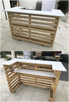 two pictures of the same bench made out of pallet wood and white marble top