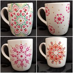 four coffee mugs with different designs on them