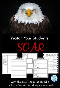 an eagle with the words soar written in red and white on it's face