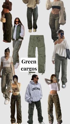 Outfit Inspo With Green Cargo Pants, Aesthetic Clothes Cargo Pants, Green Cargo Fall Outfit, Cool Cargo Pants Outfits, Cute Green Cargo Pants Outfits, Cargo And Jumper Outfit, Green Cargo Style, Green Outfit For School, Fit With Cargo Pants