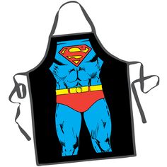 an apron with the image of superman on it's front and chest, in blue