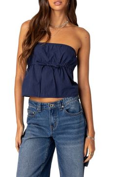 A drawstring cinches the waist of this strapless cotton top that's perfect for a warm-weather look. Strapless 100% cotton Machine wash, dry flat Imported Blue Tube Top, Fall School, Wardrobe Edit, Next Clothes, Strapless Tops, School Fits, Fit Inspo, Cotton Top, Cute Tops