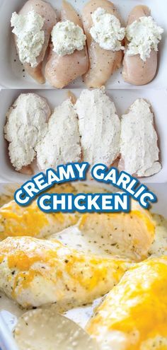 an image of creamy garlic chicken in a container with text overlay that says creamy garlic chicken