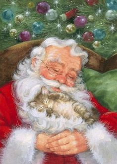 a painting of santa holding a cat in front of a christmas tree