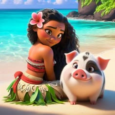 moana and pig on the beach with an island in the background