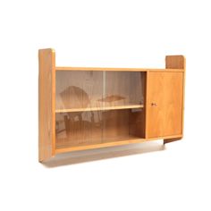 a wooden cabinet with glass doors on the front and back sides, against a white background