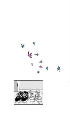 an image of shoes and birds flying in the air