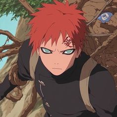 an anime character with red hair and blue eyes standing in front of a large tree