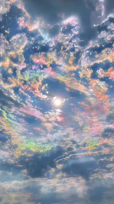 the sky is filled with colorful clouds and bright sunbeams in it's center