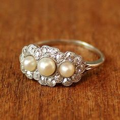 Pearl Engagement Ring Vintage, Pearl Diamond Ring, Pearl Rings Vintage, Unusual Engagement Rings, Diamonds And Pearls, Pearl Engagement Ring, Pearl Rings, Antique Engagement Ring, Wear Pearls