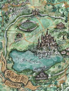 the map for hogwart's castle is drawn in watercolor and ink on paper