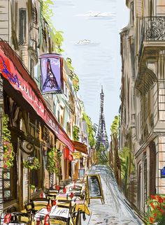 an image of a street scene with tables and chairs in the foreground, eiffel tower in the background