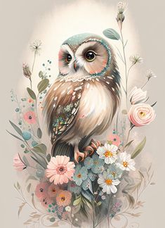 an owl sitting on top of a flower filled branch with lots of flowers around it