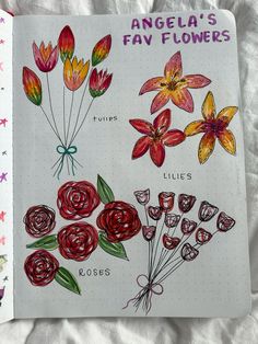 an open notebook with flowers drawn on it and the words angelia's fav flowers