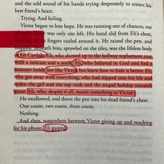 an open book with red and black lines on it's page, which is highlighted in the bottom right corner