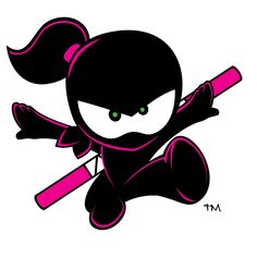 a black and pink cartoon character with green eyes holding a baseball bat in her hand