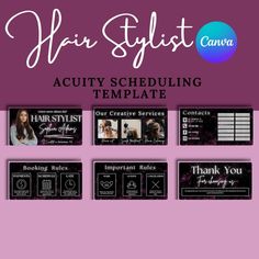 the hair stylist acuty schedule is displayed on a purple background with black and