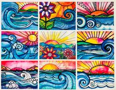 four different pictures of the sun, water and clouds in each painting style on paper